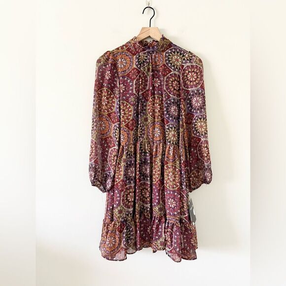NWT Maison Tara Long Sleeve Mini Dress in Jewel Tone Medallion Pattern - size 4 - Picture 1 of 7